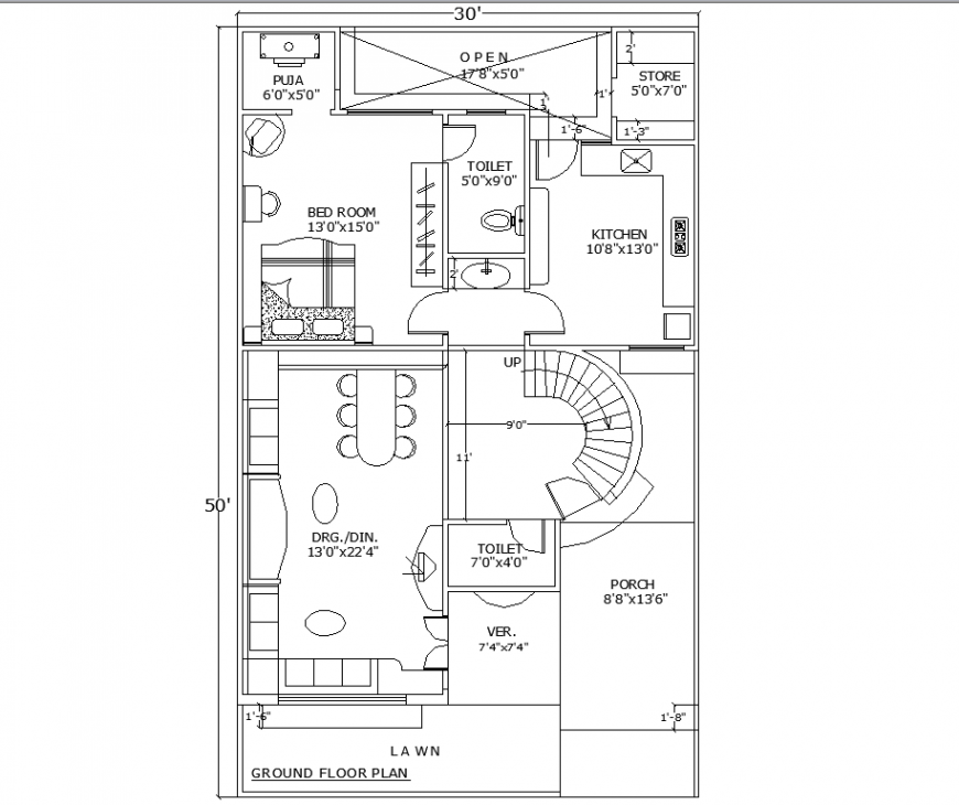  Ground floor bungalow layout plan in dwg AutoCAD file.